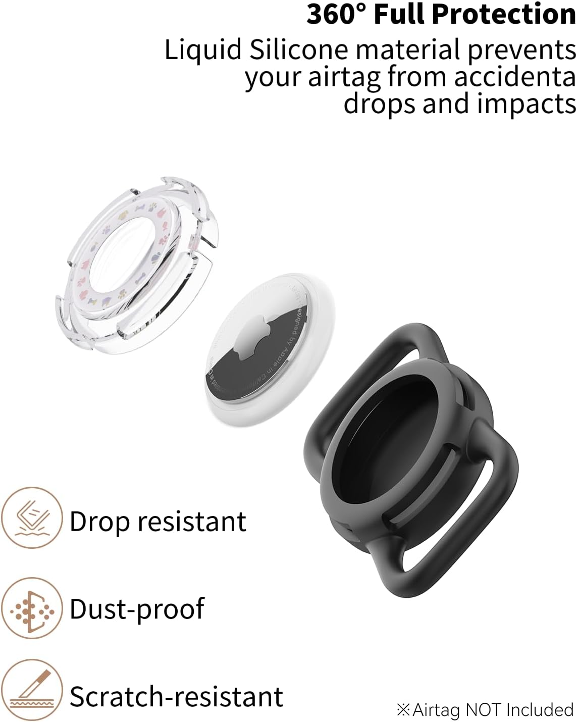 Airtag Dog Collar, Waterproof Airtag Holder for Dog Collar & Cat Collar Slicone Full Body Covered Pet Air Tag Holder (Black, Regular)