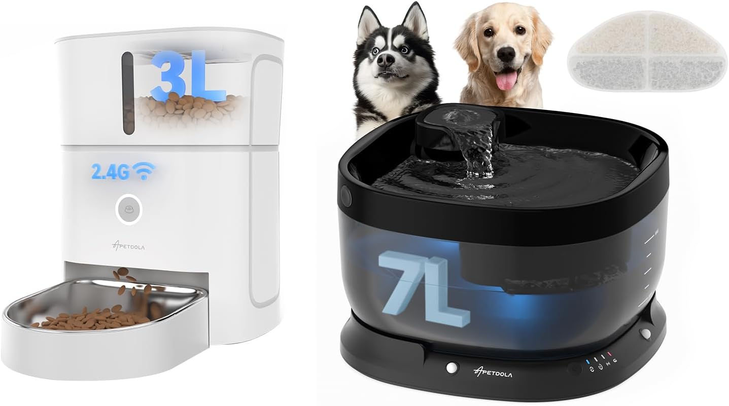 Cordless Dog Water Fountain 7L,Battery Operated Wirelss Dog Water Dispenser +3L Automatic Cat Feeder,5G & 2.4G Wi-Fi Timed Cat Food Dispenser, 1-10 Meals Per Day