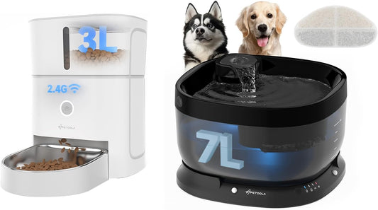 Cordless Dog Water Fountain 7L,Battery Operated Wirelss Dog Water Dispenser +3L Automatic Cat Feeder,5G & 2.4G Wi-Fi Timed Cat Food Dispenser, 1-10 Meals Per Day