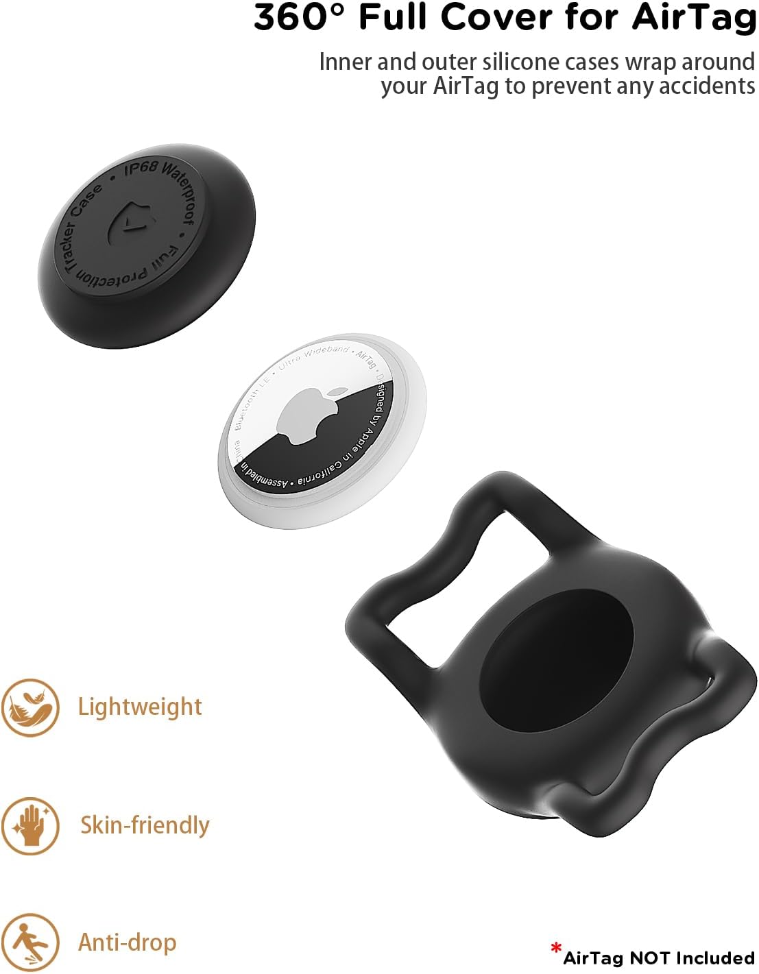 IP68 Waterpoof Dog Airtag Holder, Stretchy Silicone Full Body Covered Apple Air Tag Holder for Dog Cat Collar Fit All Width Collar (Black, 1 Pack)