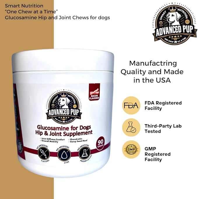 AdvancedPUP Hip and Joint Supplement - Effective Chondroitin MSM & Turmeric for Dogs - Dog Hip & Joint Care to Heal Dog Joint Stiffness & inflammation - Natural Glucosamine Supplement Tasty Bacon 90CT