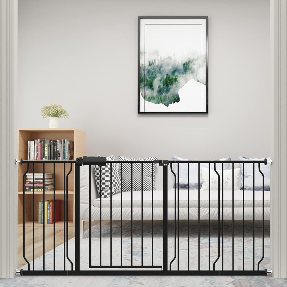 WAOWAO Baby Gate 71.65-76.38" Extra Wide Pressure Mounted Walk Through Swing Auto Close Safety Black Metal Toddler Kids Child Dog Pet Puppy for Stairs,Doorways,Kitchen