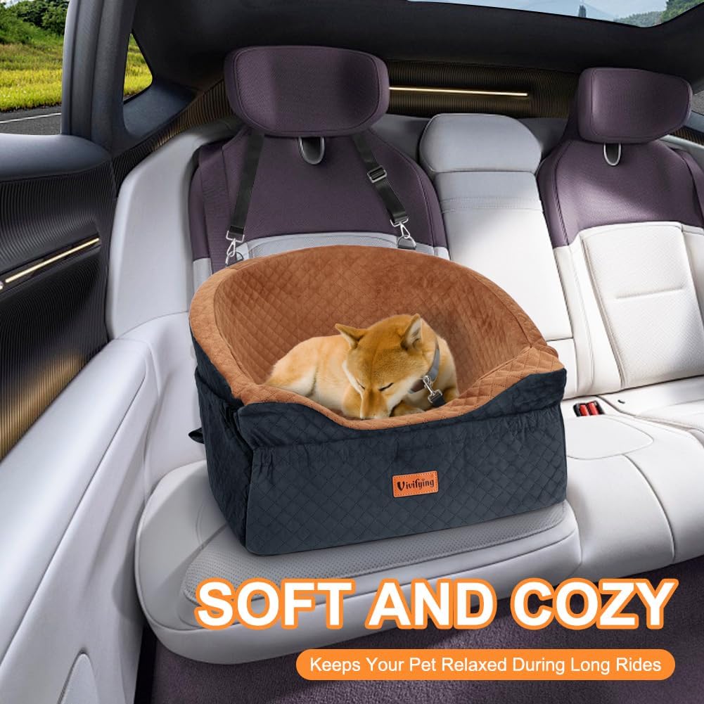 Vivifying Dog Car Seat for Small & Medium Dogs, Detachable & Washable Booster Seat for Pets Up to 30lbs, Travel Bed with Storage Pockets and Safety Belt – Brown&Black