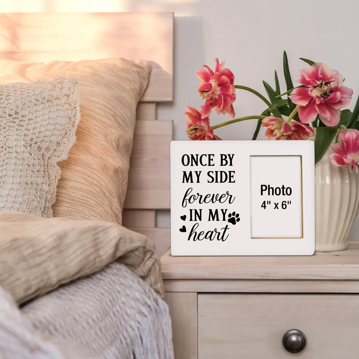 Dog Memorial Gifts Photo Frame, Pet Memorial Gifts for Dogs, Lost of Pet Sympathy Present, Once by My Side Forever in My Heart Wooden Picture Frames with Paw Print, Photo 4 x 6 Inches