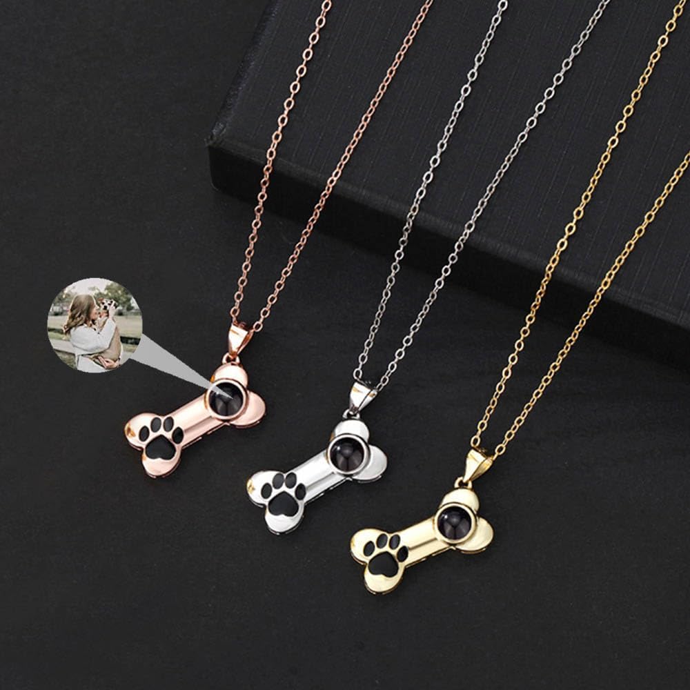 Personalized Photo Necklace Custom Photo Projection Necklaces Dog Bone with Paw Print Pendant Necklace with Picture Inside Pet Dog Cat Memorial Necklace for Pet Lover Women Men