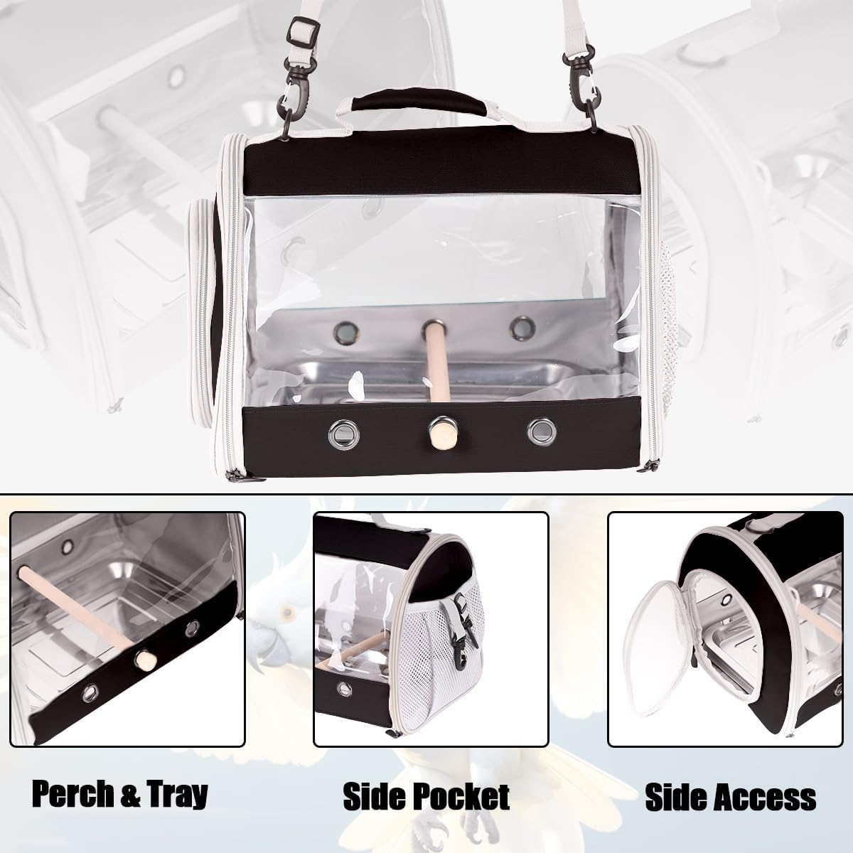 Bird Carrier, Portable Small Bird Parrot Parakeet Carrier with Standing Perch and Stainless Steel Tray, Side Access Window Collapsible (Black, Cylinder Design - Clear)