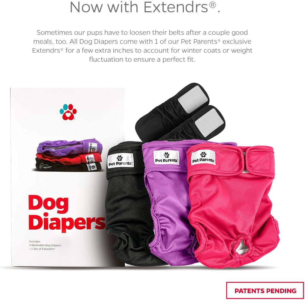 Pet Parents® Washable Dog Diapers (3pack) + Extendrs® of Durable Doggie Diapers, Premium Dog Diapers Female (X-Small, Princess)