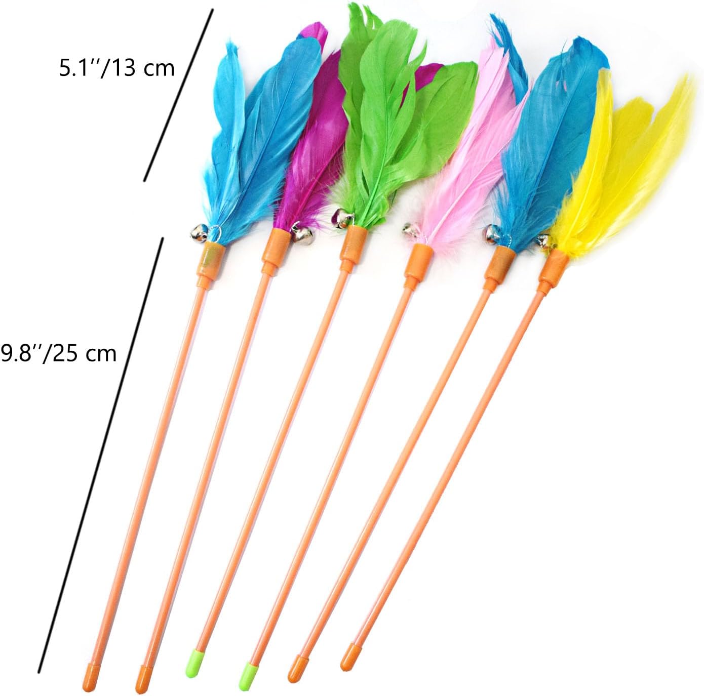 Cat Wands, 6 PCS Vibrant Color Feather Wands with Bell Unbreakable Cat Feather Sticks Interactive Kitten Toys for Indoor Cats