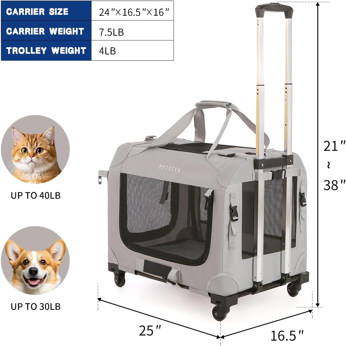 Extra Large Cat Carrier Soft Sided with Wheels Folding Small Medium Dog Pet Carrier 24"x16.5"x16" Travel Collapsible Ventilated Comfortable Design Portable Vehicle (with Litter Box)