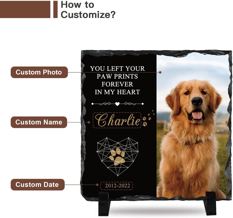 Bemaystar Personalised Dog Memorial Plaque - Customized Rock Slate Stone Picture Frame Plaque with Photo, Pet Memorial Sign with Stand Natural Slate Grave Plaque Pets Bereavement Gifts Loss of Pet