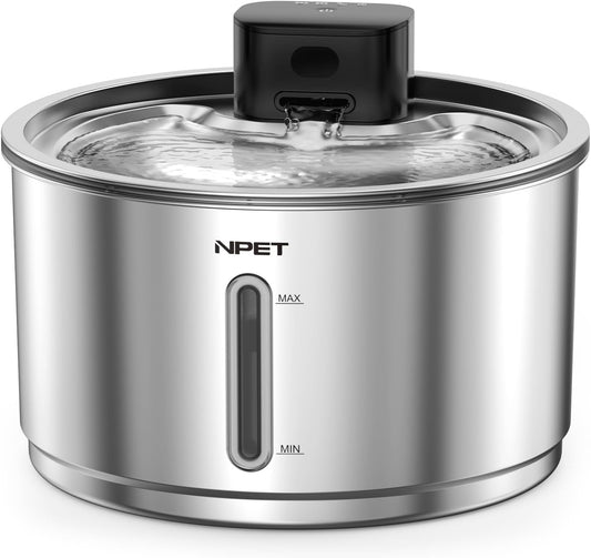 NPET Stainless Steel Wireless Cat Fountain, 1Gallon/135oz Battery Operated Automatic Pet Drinking Fountain - Cordless Dog Water Dispenser with Water Level Window for Cats Indoor