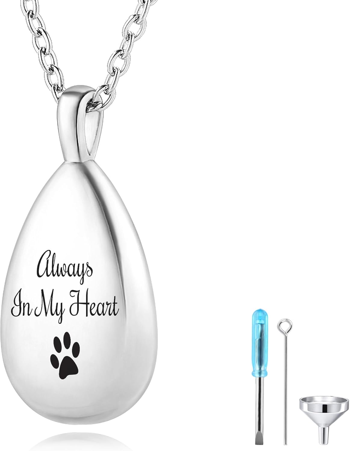 MMXX Personalized Pet Portrait Teardrop Urn Necklace with Name/Photo Stainless Steel Pendant - Cremation Jewelry for Pet Memorial Gifts - Funnel Kit Included