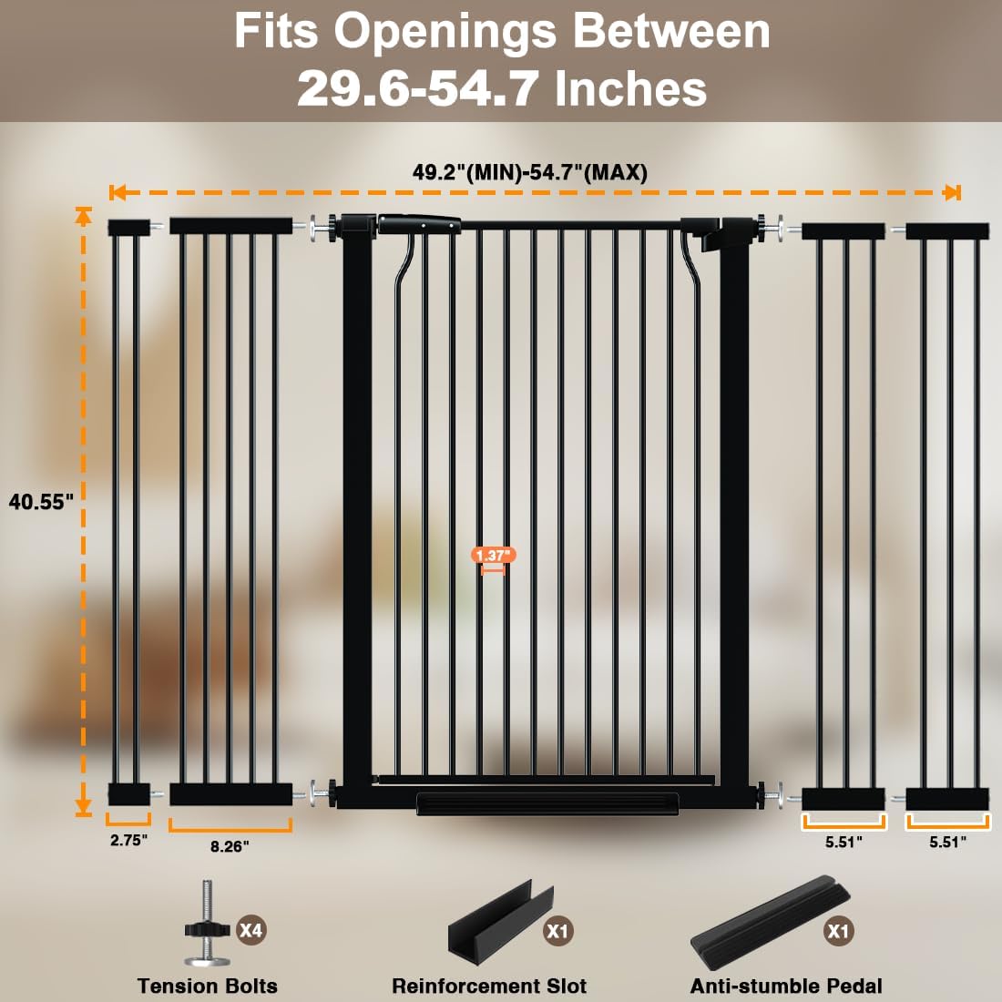 41" Extra Tall Baby Gate With Door, 40.6-54.7 In Wide Dog Gates for Doorways Stairs, Walk Through Large Pet Gate Indoor, Pressure Mounted Child Safety Gates for Kids Puppy Doggie Metal Black