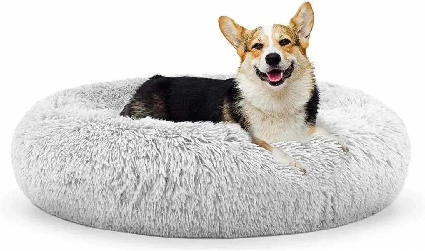 Original Calming Donut Dog and Cat Bed in Shag Fur, Dog Beds for Melium Dogs, Anti Anxiety Round Fluffy Plush Faux Fur Pet Bed, Light Grey, 27.6x27.6