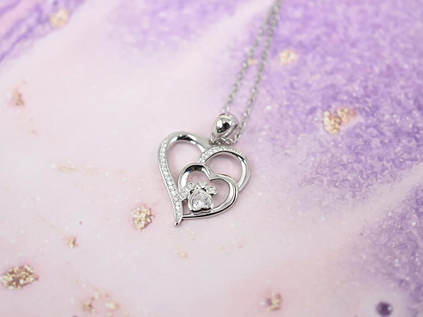 KITEENAL Paw Necklace for Women - Sterlings Silver Cubic Zirconia Dog Cat Pet Paw Print Love Heart Pendant Necklace Adjustable Charm Necklace Mother's Day Gifts
