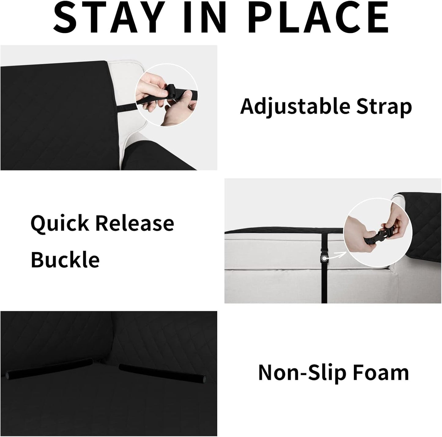 Easy-Going Reversible Chaise Lounge Couch Cover Water Resistant Sofa Cover Sectional L Shaped Sofa Slipcover with Adjustable Straps Furniture Protector for Dogs (115X34 in, Black/Black)