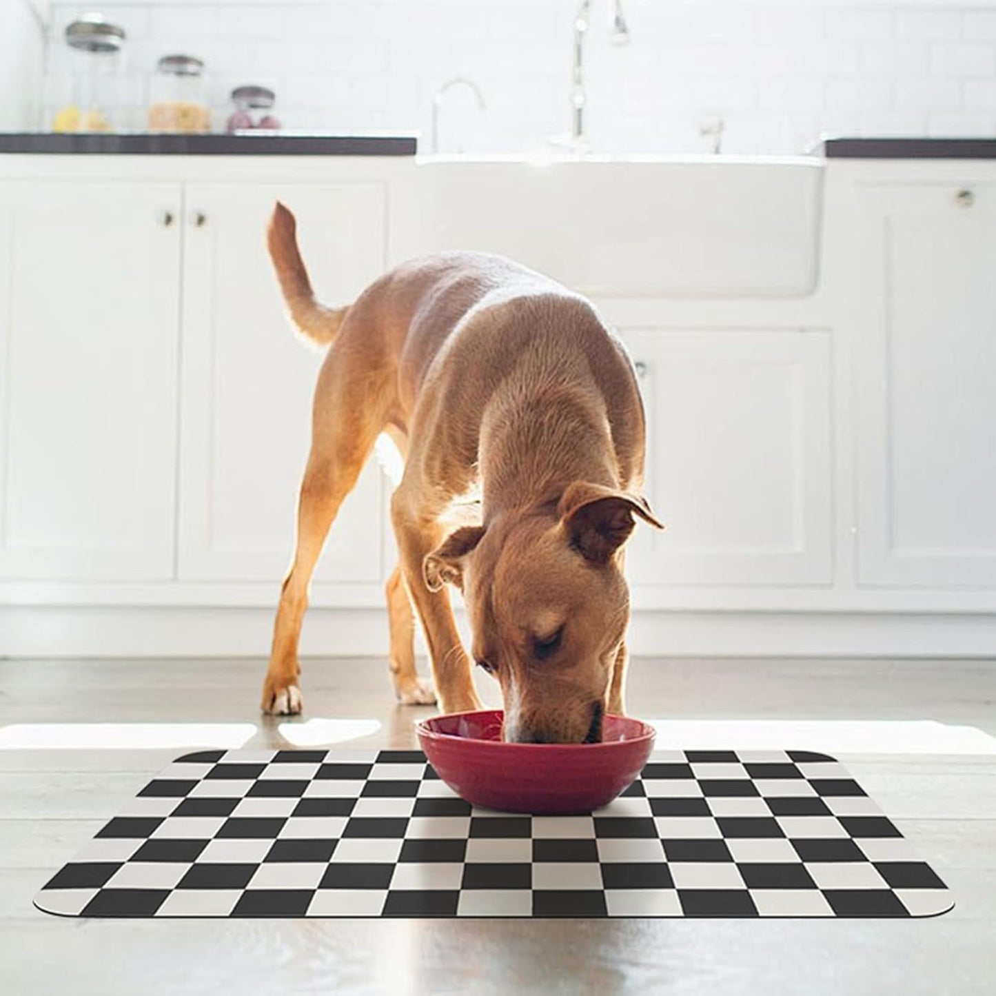 Checkered Pet Feeding Mat, Absorbent Dog Mat for Food and Water Bowls Dispenser 17" x 32" Black