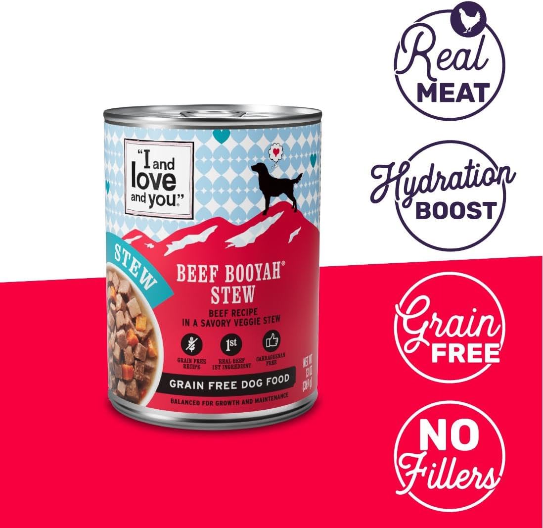 I AND LOVE AND YOU Wet Dog Food - Beef Booyah Stew - Beef Recipe, Grain Free, Filler Free 13oz can, 12pk