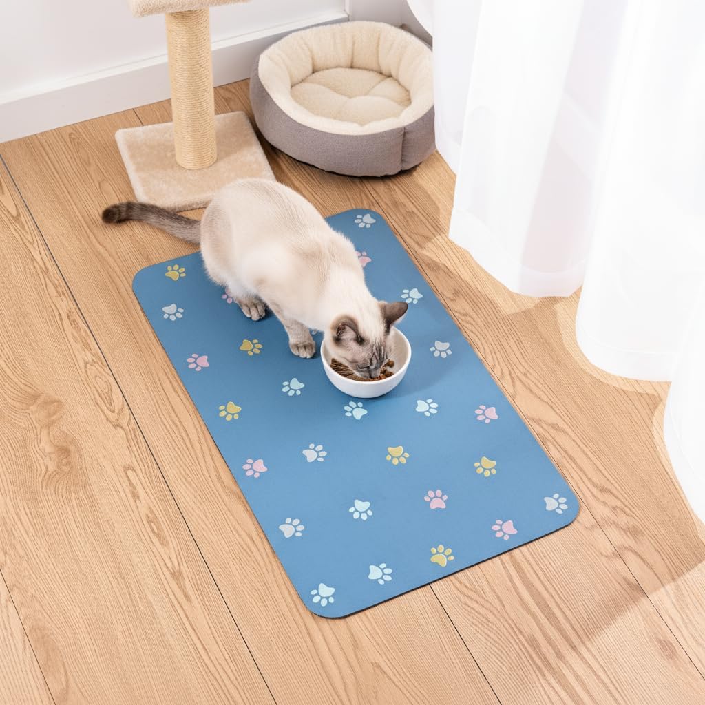 Pet Feeding Mat Absorbent Dog Mat for Food and Water Non Slip Quick Dry Dog Bowl Mats for Floors 27" X 17" Paw Lake Blue