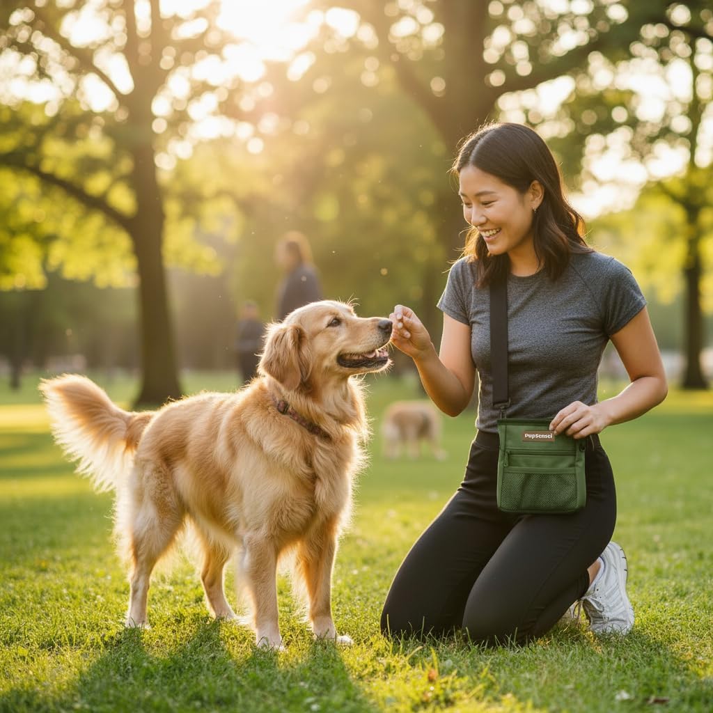Dog Treat Pouch, Durable Oxford Polyester, No-Spill Magnetic Closure, Treat Pouches for Pet Training with Metal Clip, Waist Belt, Adjustable Strap, Poop Bag Dispenser (Army Green)
