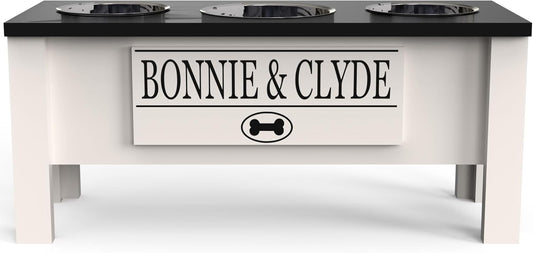 GrooveThis Woodshop - Personalized Elevated Triple Dog Bowl Stand for Large, Medium, Small, X-Small Dogs - 3 Stainless Steel Food and Water Bowls - Raised Dog Dish with Internal Storage (Large, Black)