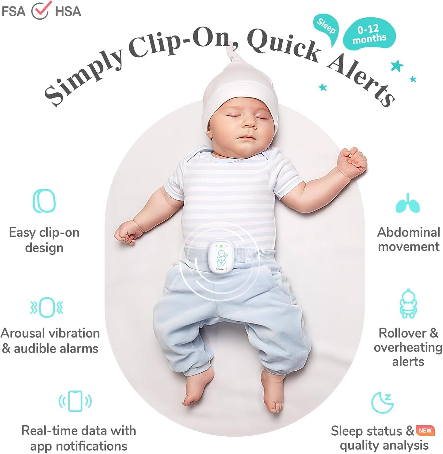 Sense-U Pro Baby Movement Monitor with Arousal Vibration, Movement/Rollover/Overheating Alerts, Audible & App Notifications, Easy Clip-On Design, Smart Sleep Monitor
