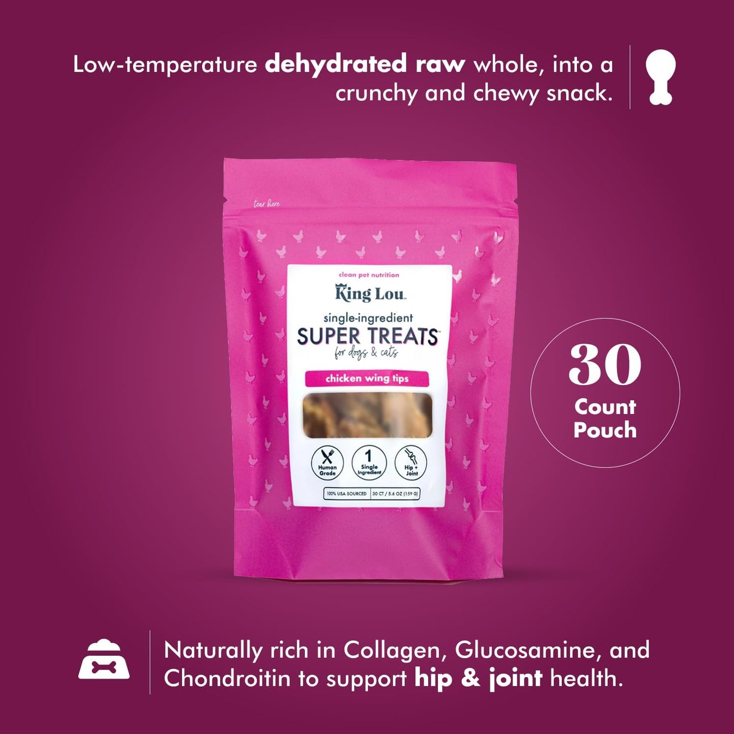 King Lou Pets - Whole Chicken Wing Tips - Dehydrated Raw Chicken Dog & Cat Treats - USA-Made - Rich in Collagen, Glucosamine, Chondroitin for Hip & Joint Health - 30 Count