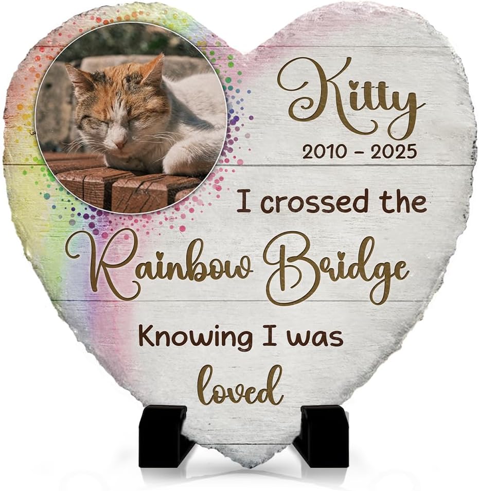 Custom Memorial Stones for Cats - Pet Heart Headstones Plaque - Cat Mom Rainbow Bridge Gifts for Cat Lovers at Her Loss