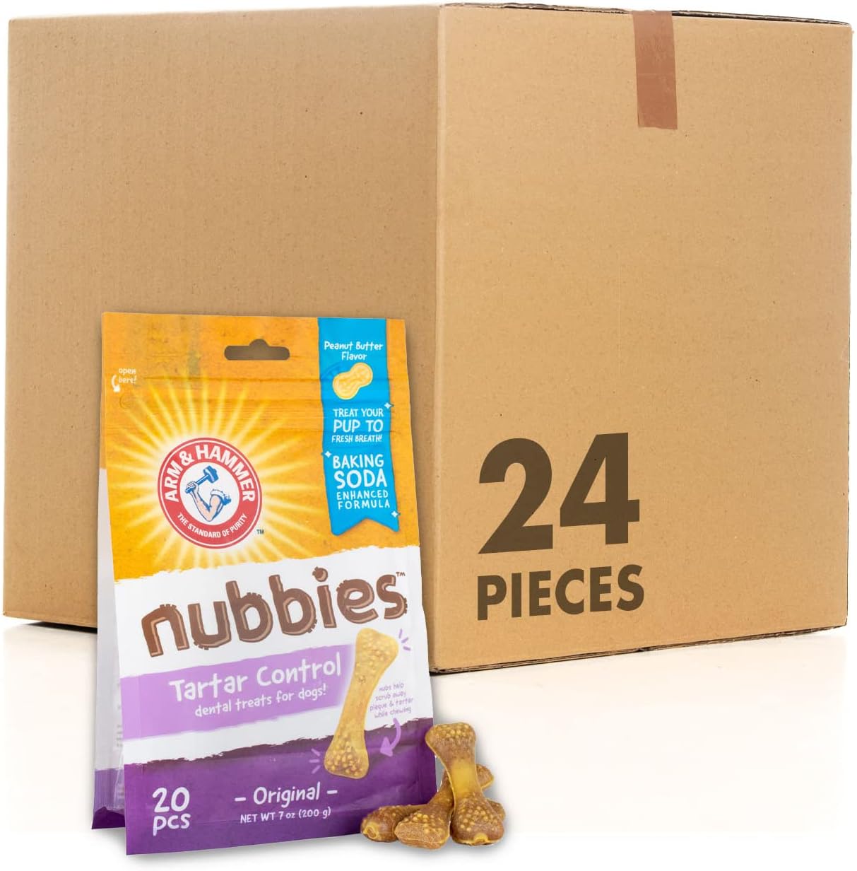Arm & Hammer for Pets Nubbies Dental Treats for Dogs with Baking Soda & Calcium, Treat Chews Help Fight Bad Breath, Plaque & Tartar Without Brushing, Peanut Butter, 20 Pcs, 24pk (Packaging May Vary)