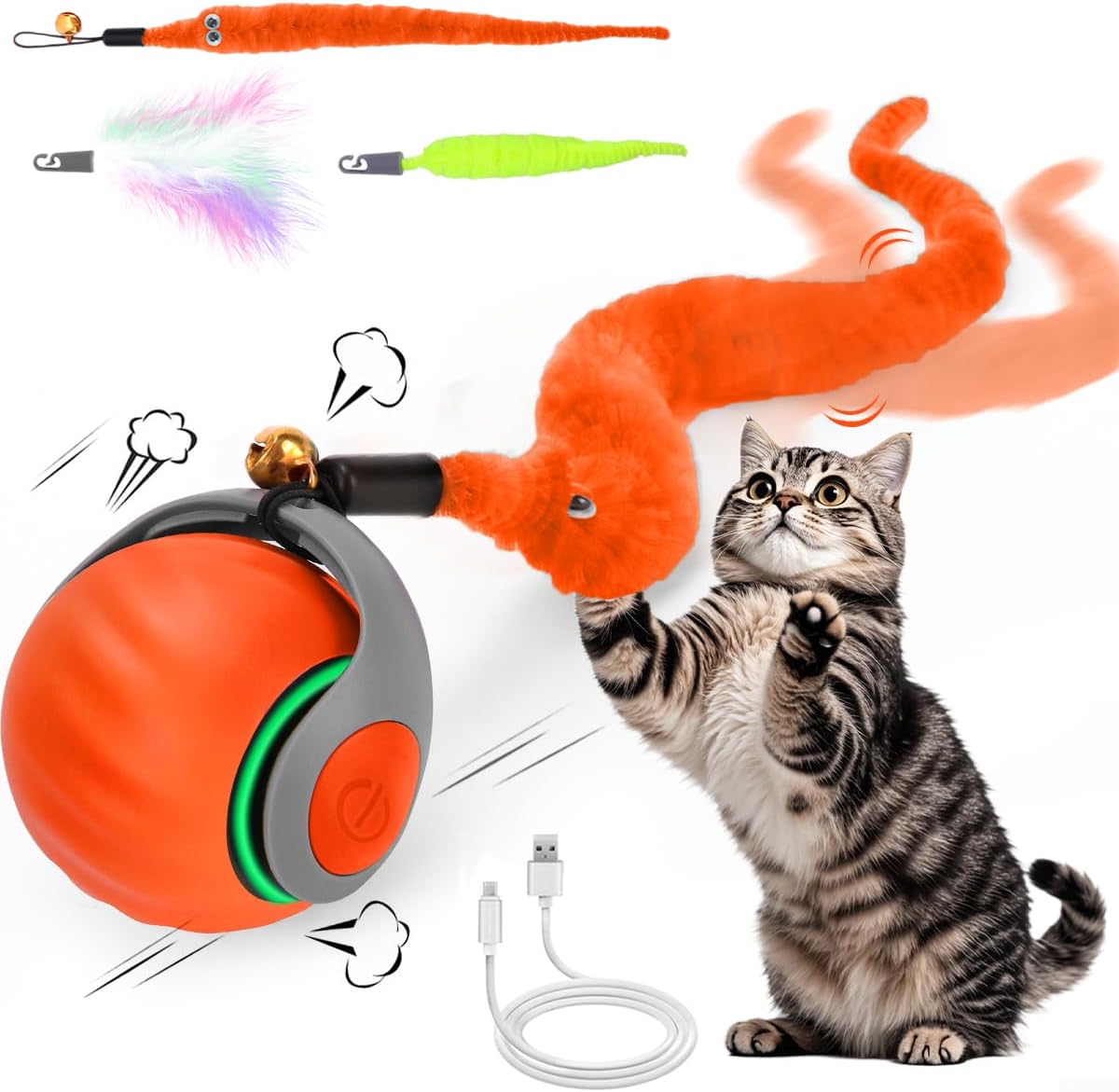 Interactive Cat Ball Toy, Self Rolling Ball with Cover Anti-Scratch for Bored Indoor Cat Chasing, Obstacle Avoidance Smart Cat Toys for Enrichment, Motion Activated Toys to Keep Them Busy （Orange）
