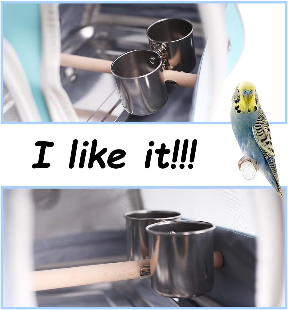 Bird Feeder Cups with Clamp Mount on Standing Perch, 2 Stainless Steel Cups for Food and Water, Compatible for halinfer's All Bird Carrier and Backpack Wooden and Rope Perch