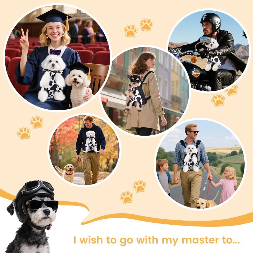 Inspack Dog Backpack Carrier/Cat Carrier, Adjustable Pet Front Carriers Travel Bag for Puppy Medium Dogs, Legs Out, Soft Ventilated Dog Chest Carry Backpacks for Hiking/Camping, 7-11 lbs, Cow Print