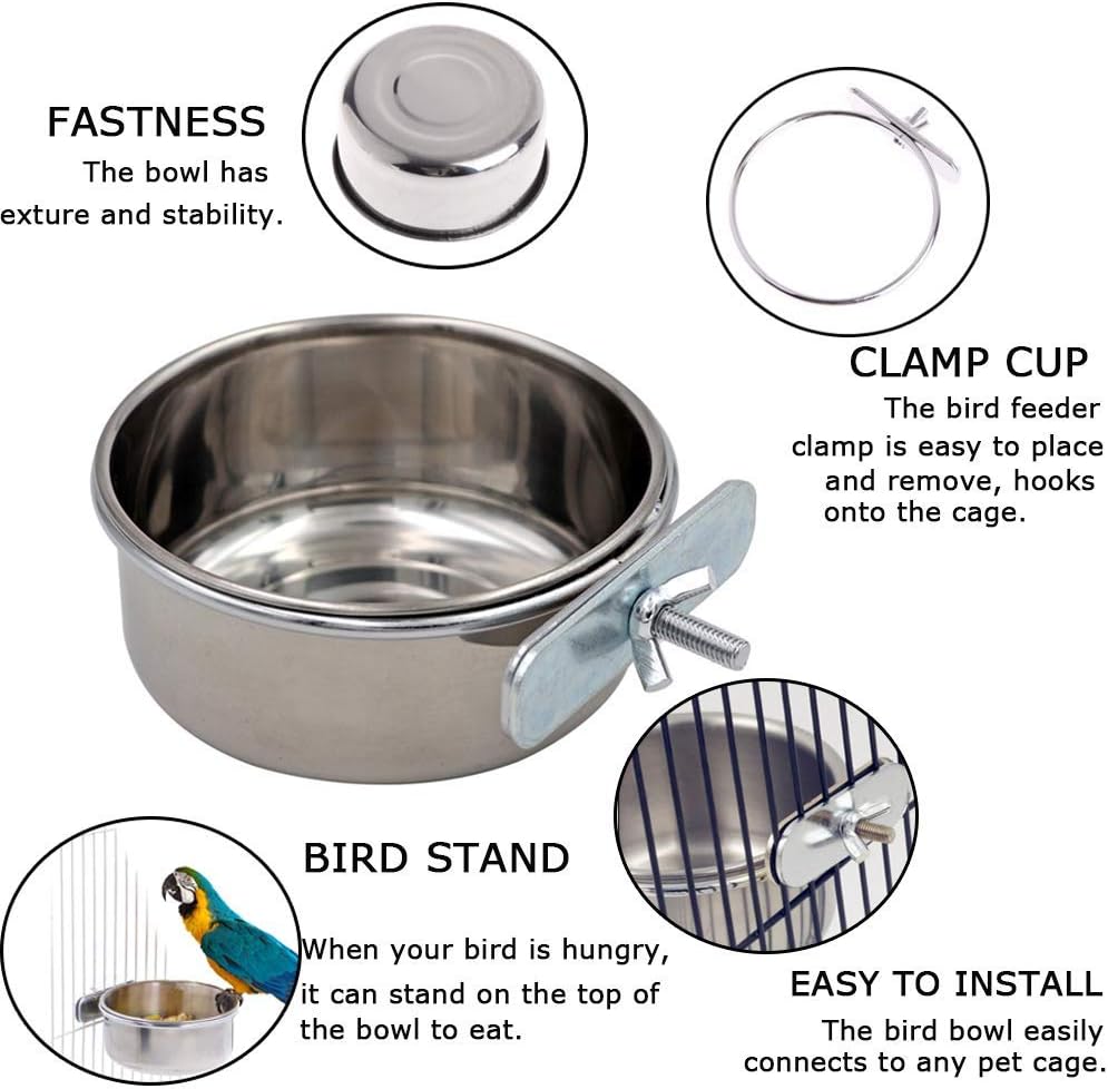 Tfwadmx Bird Feeding Dish Cups Parrot Food Bowl Clamp Holder Coop Cup, 2PCS Bird Cage Water Bowl for Parakeet African Greys Conure Cockatiels Lovebird Budgie Chinchilla