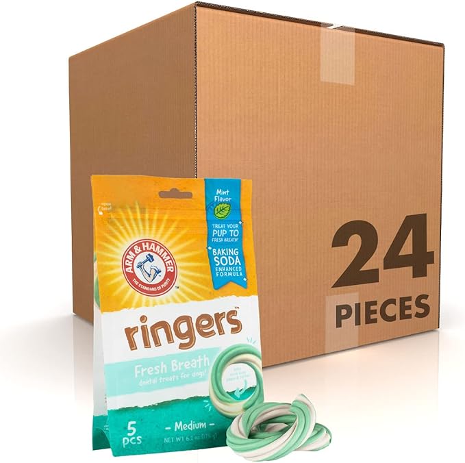 Arm & Hammer for Pets Ringers Dental Treats for Dogs Fight Bad Breath, Plaque & Tartar - Mint Flavor, Dental Chews (Pack of 24, 120 Count Total)