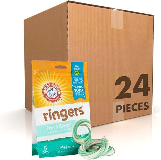 Arm & Hammer for Pets Ringers Dental Treats for Dogs Fight Bad Breath, Plaque & Tartar - Mint Flavor, Dental Chews (Pack of 24, 120 Count Total)