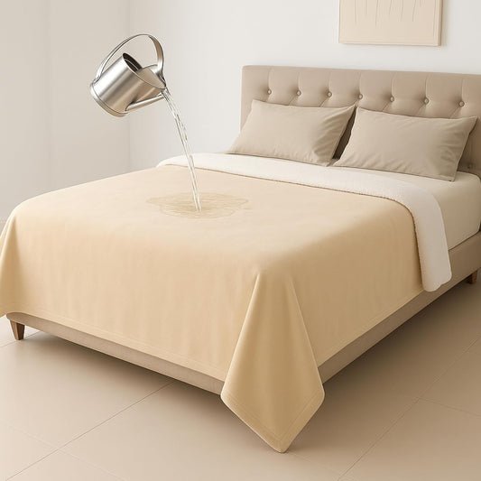 Love Beige Waterproof Bed Blanket, Queen Size 80'' x 80'' Double Side Leakproof Reversible Sherpa Flannel Fleece 3 Layer Lightweight Blanket, Absorbs 70oz