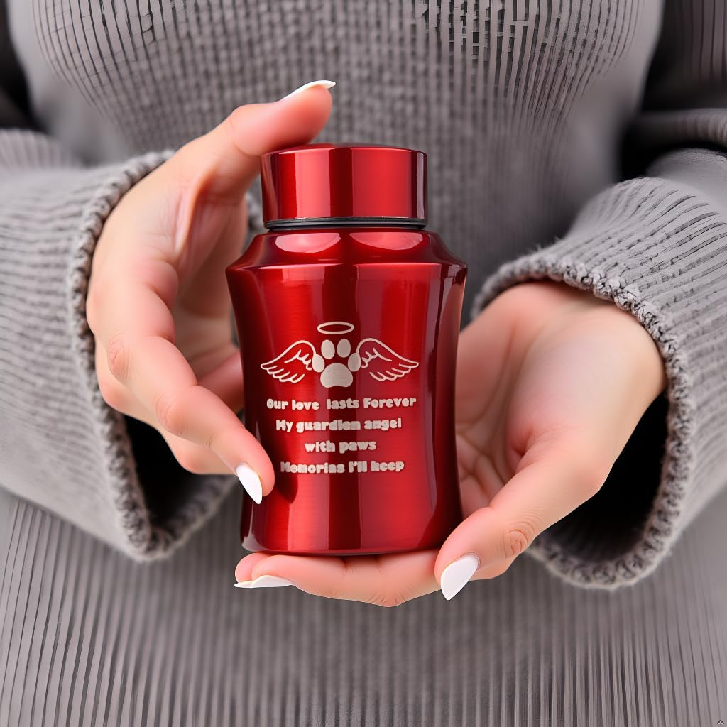 Medium Red Pet Cremation Urn – Aluminum Alloy Urn for Dog or Cat Ashes with Paw & Wings Design – Secure Screw Lid – Fits Pets up to 80 lbs – Memorial Ashes Container