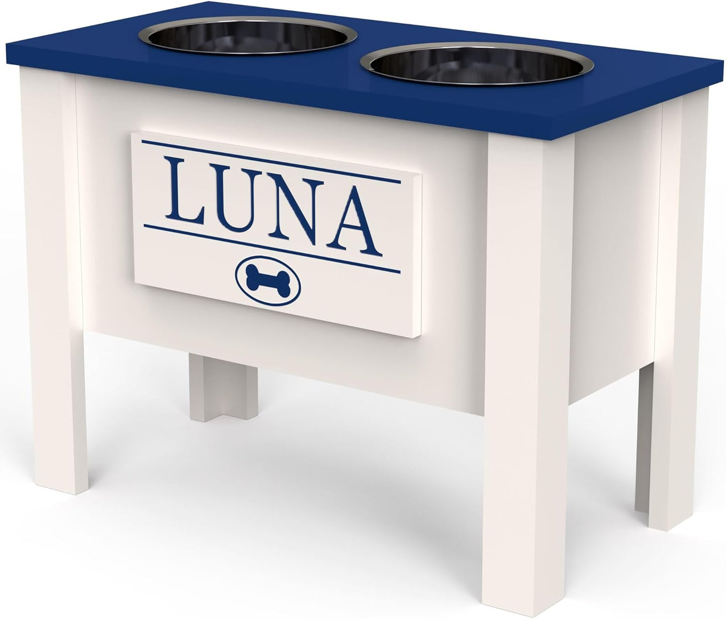 GrooveThis Woodshop - Personalized Elevated Dog Bowl Stand for Large, Medium, Small, X-Small Dogs - Stainless Steel Food and Water Bowls - Raised Dog Dish (X-Large, Blue)