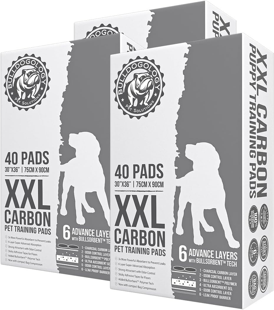 Bulldogology Premium Puppy Pads with Adhesive Tabs - Dog Pads Extra Large - Leak Proof Dog Pee Pads Extra Large - Ultra Absorbing Extra Large Puppy Pads (Black-30x36 (120-Count)