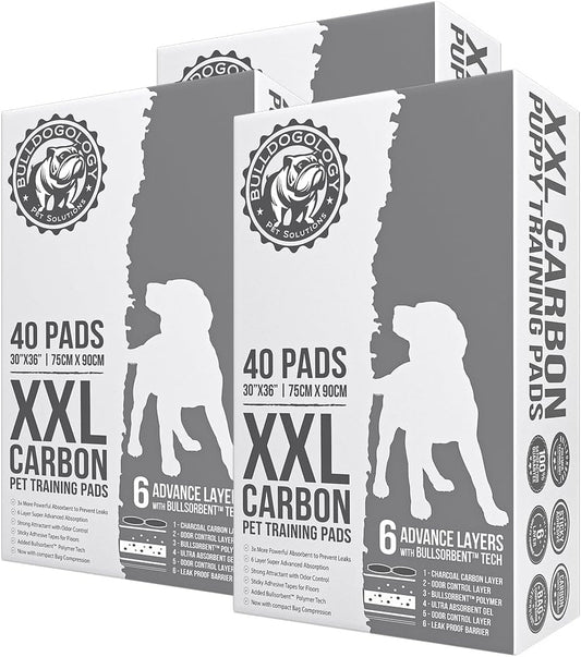 Bulldogology Premium Puppy Pads with Adhesive Tabs - Dog Pads Extra Large - Leak Proof Dog Pee Pads Extra Large - Ultra Absorbing Extra Large Puppy Pads (Black-30x36 (120-Count)
