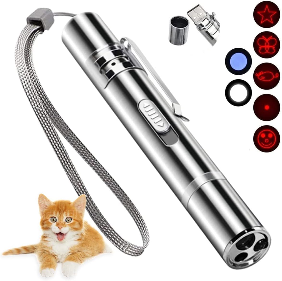 Cat Toys Laser Pointer for Indoor Cat Mouse Toys Pet Interactive Toy Pointer Kitten Dog Chase Play LED Flashlight 7 Adjustable Patterns Red Light Remotes Teaching Tool Rechargeable