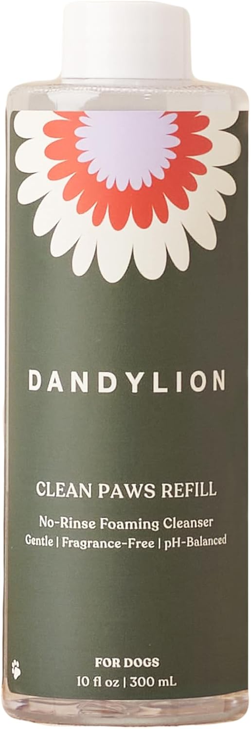 Dandylion Clean Paws No-Rinse Foaming Cleanser Refill – Gentle, Fragrance-Free, pH-Balanced for Dogs, 10 fl oz