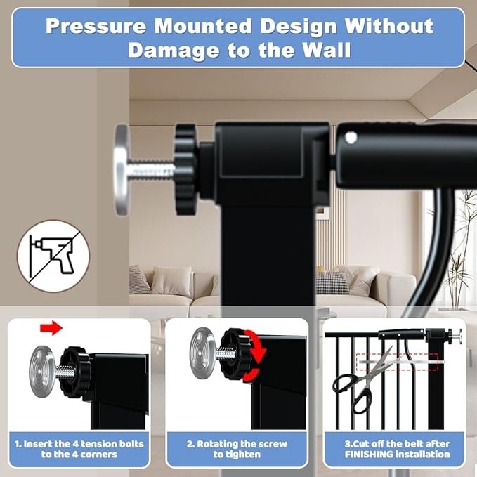 40.55" Extra Tall Baby Gate for Stairs-40.6"-54.7" Wide 1.37" Ultra Narrow Spacing Extra Wide Pet Cat Gate Dog Gate-Auto-Close Pressure Mounted Dog Door for Pets and Kids,Black