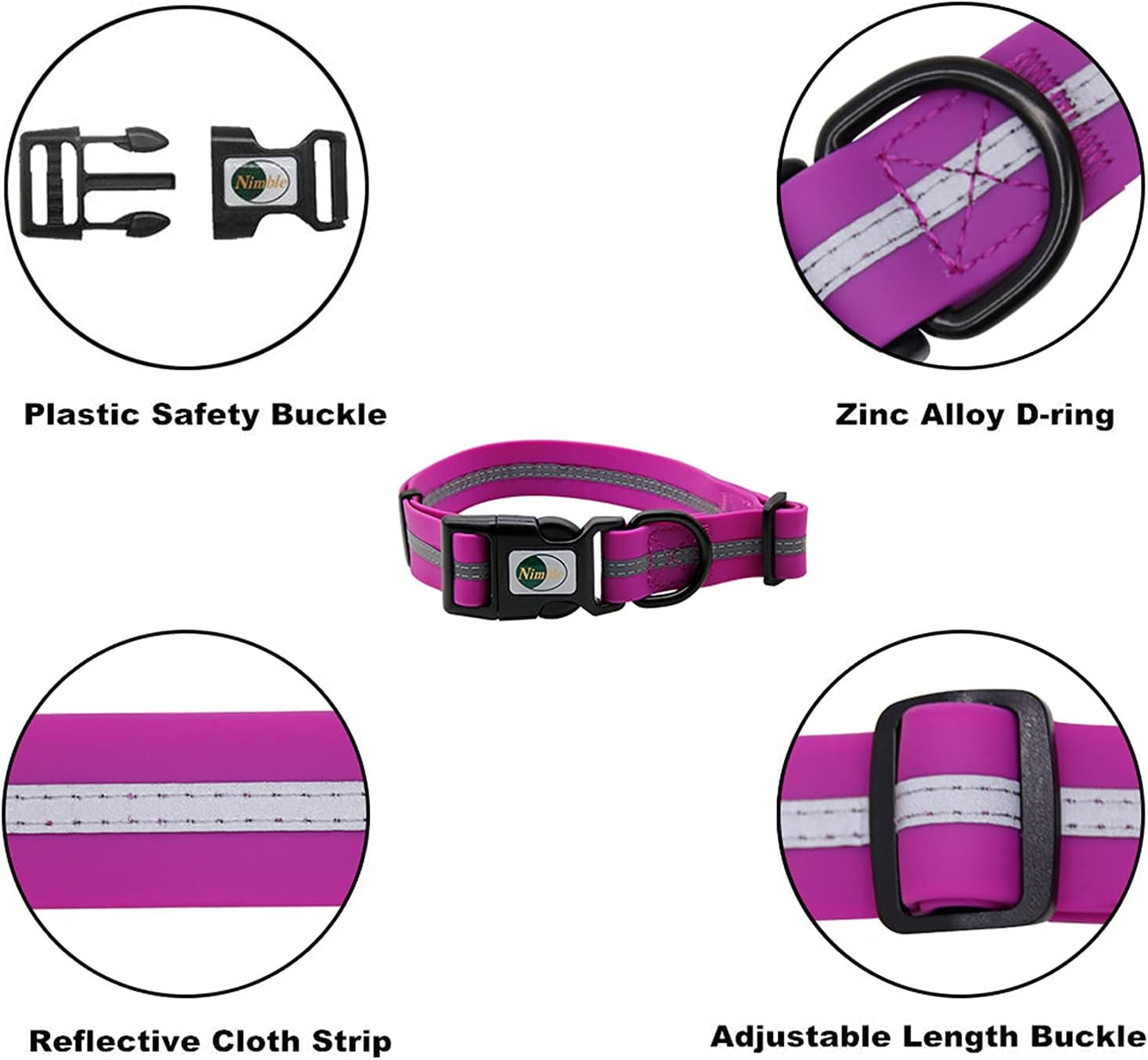 NIMBLE Dog Collar Waterproof Pet Collars Anti-Odor Durable Adjustable PVC & Polyester Soft with Reflective Cloth Stripe Basic Dog Collars S/M/L Sizes (Large (15.35”-24.8”inches), Rose Purple)