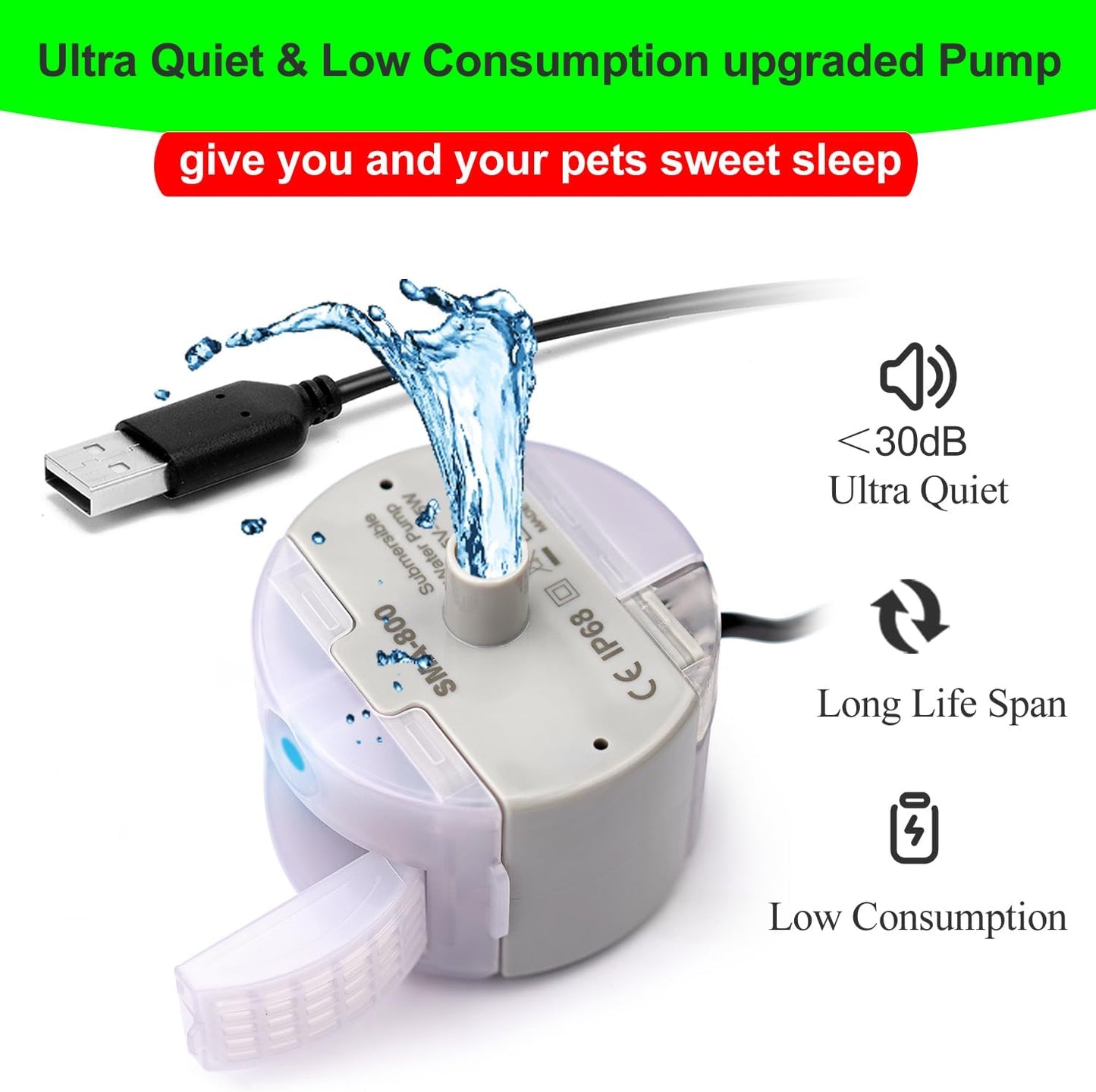 Cat Water Fountain Pump,Pet Water Fountains Pumps Replacement SMA-800 Submersible Motor,Cat Fountain Pump for Stainless Steel Cat Water Dispenser