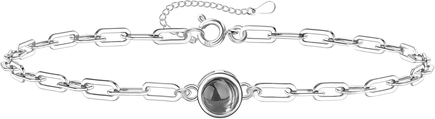 Personalized Photo Projection Bracelet 925 Sterling Silver Projection Bracelet with Picture Inside,I Love You 100 Languages Photo Round Pendant Bracelet Gifts for Women Wife Birthday Anniversary