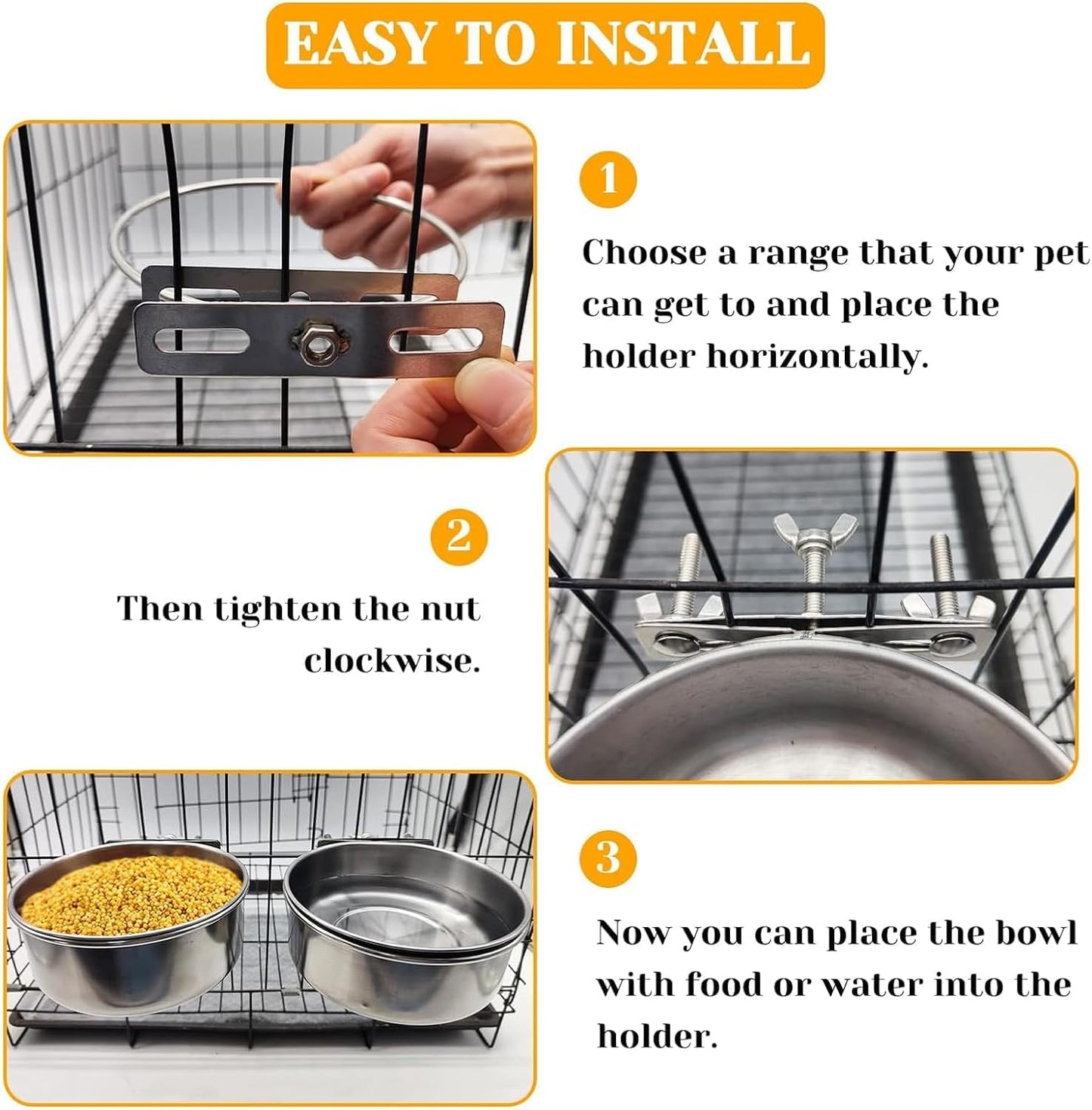 PINVNBY 2pcs Stainless Steel Bird Bowl Feeding Dish Cups for Parrot, Parakeet, African Greys, Conure, Cockatiels, Lovebird, Budgie, Chinchilla (Three Screws Size: L)