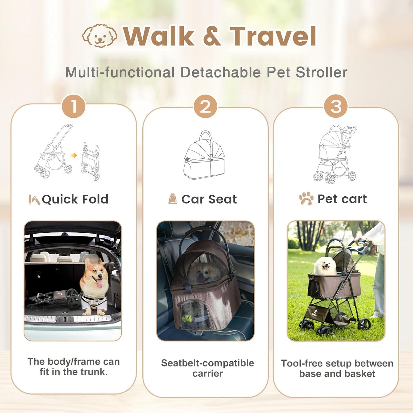 Pet Stroller, 4 Wheels Pet Strolling Cart for Medium/Small Dogs and Cats, Foldable Cat Jogger/Dog Stroller with Cup Holder, Storage Basket, Breathable Mesh, All-Season Pet Carrier (Coffee)