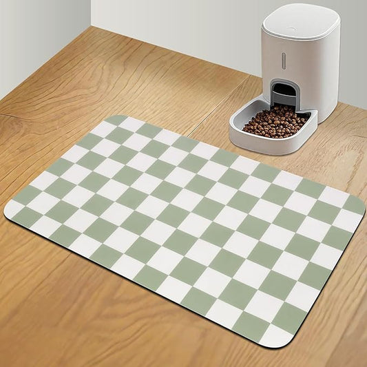 Checkered Pet Feeding Mat, Absorbent Dog Mat for Food and Water Bowls Dispenser 16" x 24" Green