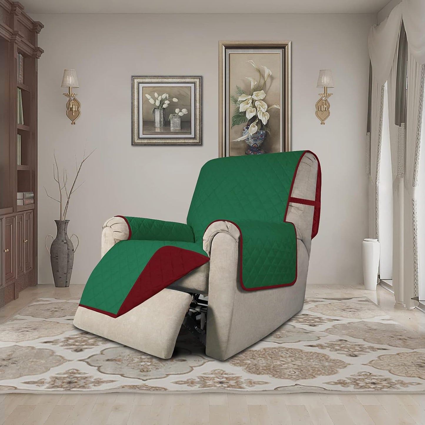 Easy-Going Recliner Chair Slipcover Reversible Sofa Cover Water Resistant Couch Cover Furniture Protector with Elastic Straps for Pets Dog (Recliner, Green/Christmas Red)